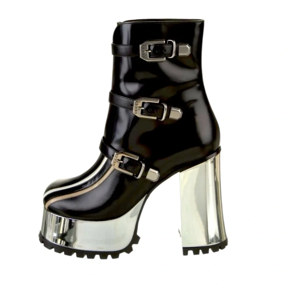 NEW GUCCI AUTHENTICATED ‘EBONY’ PLATFORM LEATHER MOTO BOOTS GUCCI - Picture 2 of 10